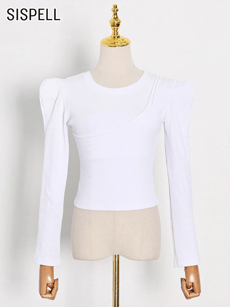 

SISPELL Solid T Shirt For Women Round Neck Puff Sleeve Pullover Temperament Knitting T Shirts Female Autumn Clothing Fashion New