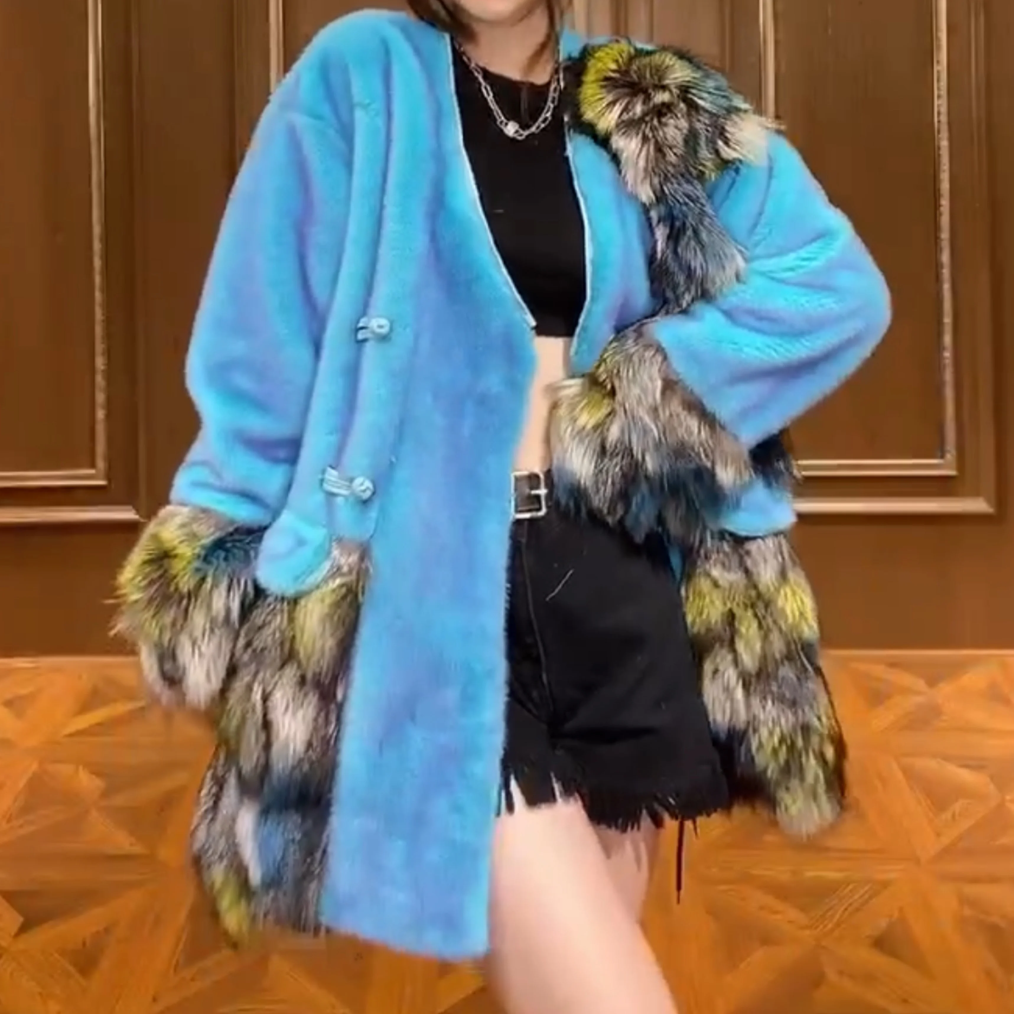 2023 Winter New Imported Fox Fur with European Mink Fur Coat Light Luxury Long Sleeve Jacket Women Mid-Length Warm Slim Coats