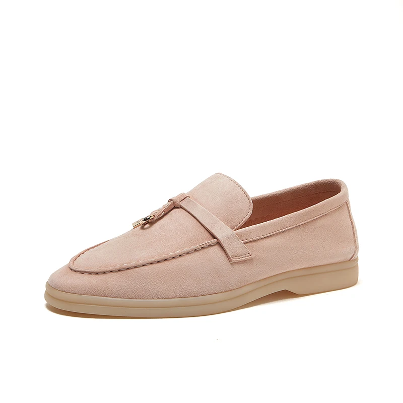 Casual Comfortable Cashmere Round Head Flat Women's LP Shoes 2023 New High Quality Leather Soft Sole Elegant Loafers