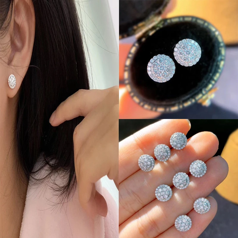 

New Dainty Round Shaped Stud Earrings for Women Full White Cubic Zirconia Simple and Classic Female Wholesale Lots