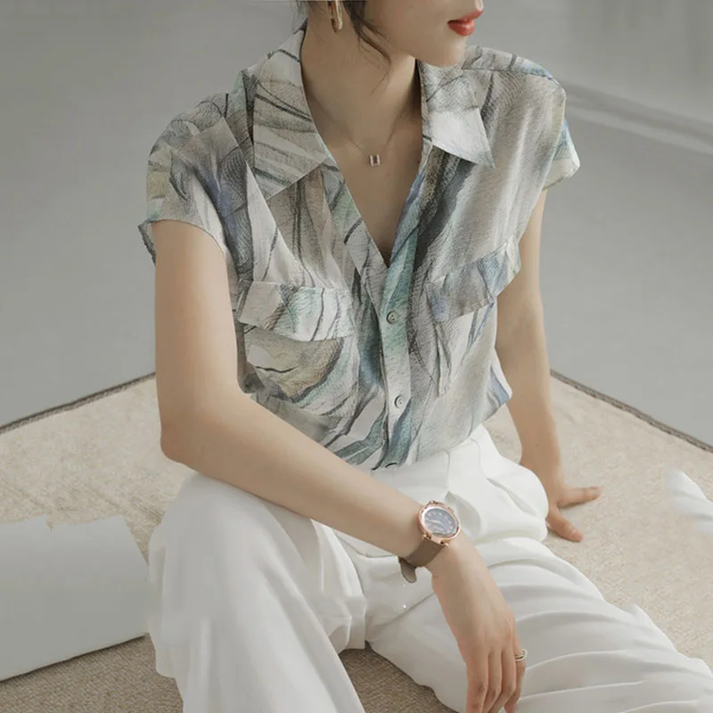 

Chiffon Women's Blouse Large Size Printing Loose Shirt Summer 2022 New Short Sleeve Top Fashion Casual Female Clothing