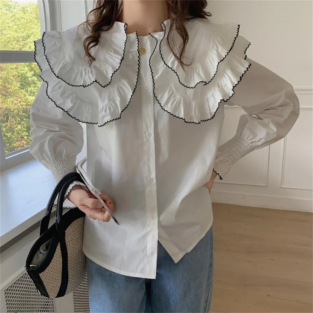

White New Elegant Blouse Ruffled Collar Elegant College Style 2022 Spring and Autumn Fashion Basic Tops Office Ladies Apparel