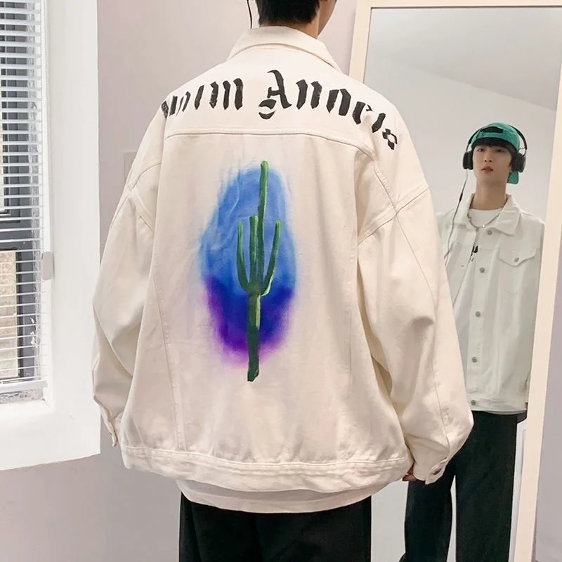 

SYUHGFA Hand-Painted Cactus Men's Denim Jackets Oversized 2022 Spring Fashion Brand Coats Male Clothing Hip Hop Letter Outerwear