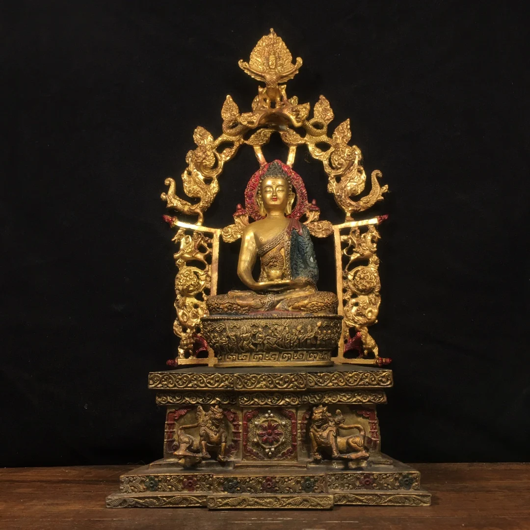 

16"Tibetan Temple Collectio Old Bronze Painted Medicine Buddha Shakyamuni Buddhist Niche Worship Hall Town house Exorcism