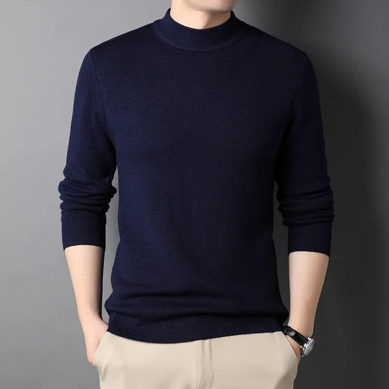 Autumn and Winter New Men Solid Color Half High Neck Long Sleeve Sweater Youth Slim Fit and Warm Imitation Wool Knitted Pullover