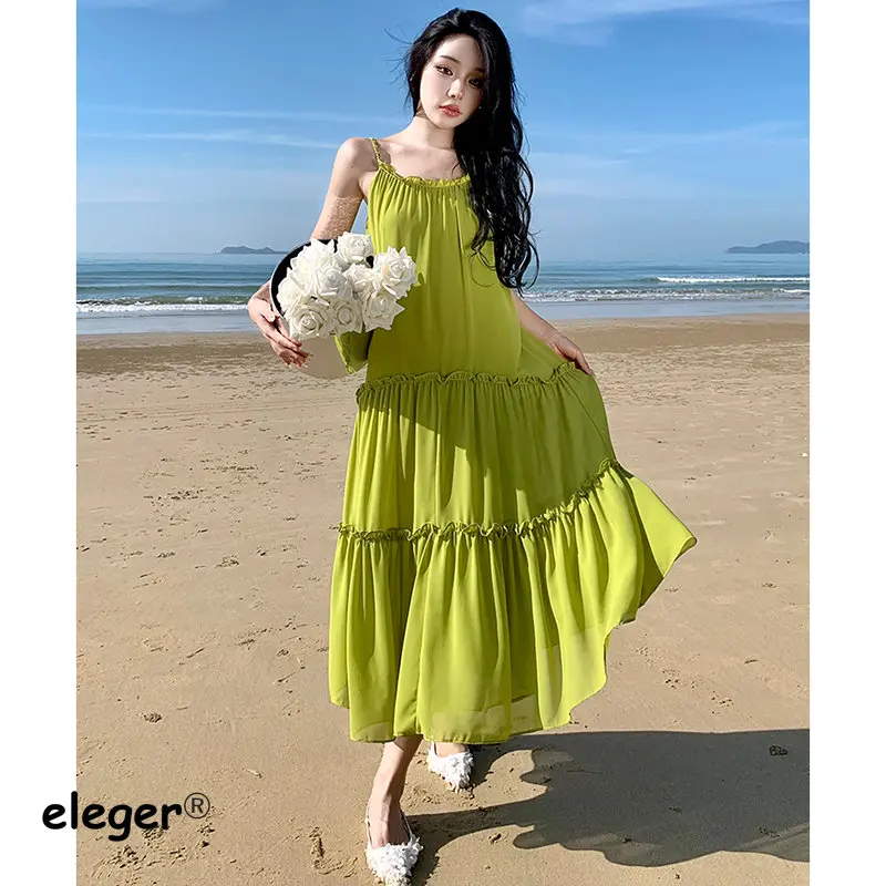 

2023 New Summer Chiffon Swinging Vacation Beach Dress for Women Female Korean Mid-Calf Long Robe Solid O-Neck Bohemian Style