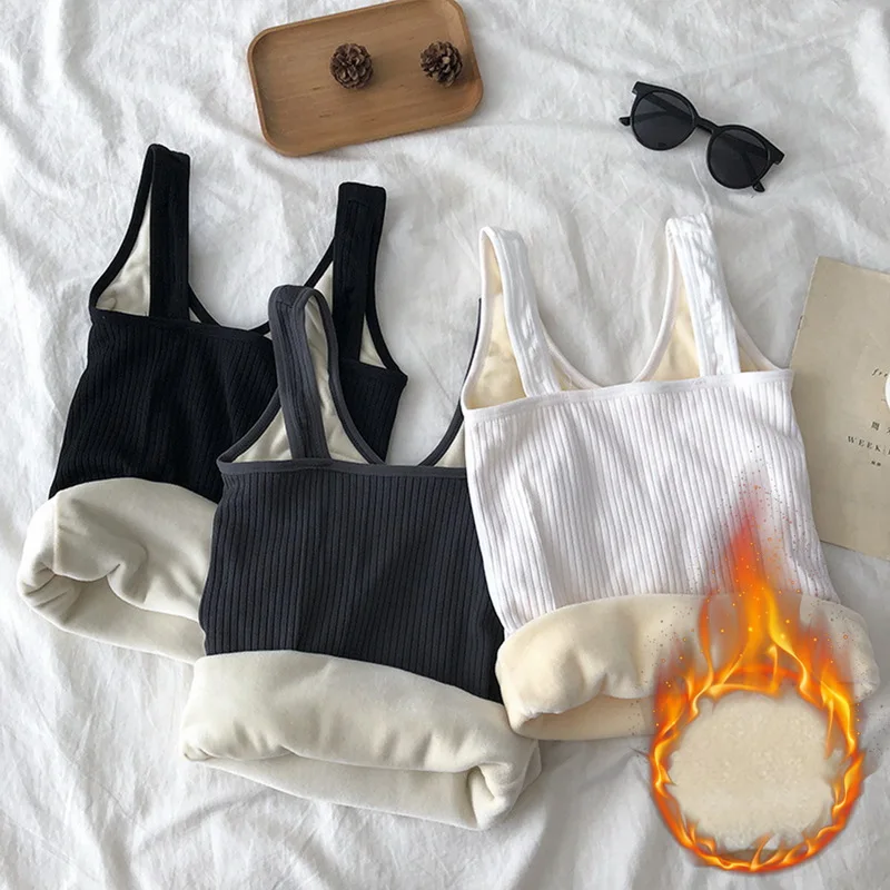 

Winter Thermal Warm Camisole Women Solid Vest Cloth Slim Cozy Bottoming Top Velvet Sling Undershirt Underwear Thickened Color
