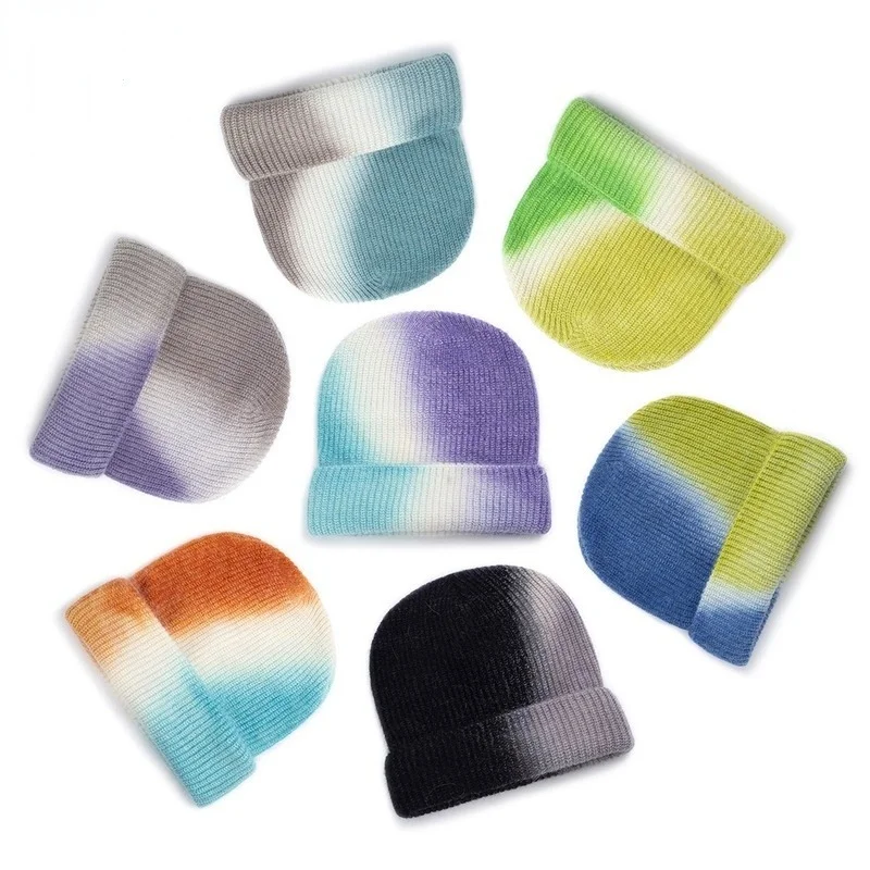 

Вязаная шапка Tie-dye, теплая шапка из кроличьего меха, женская зимняя шапка, модная Трендовая шапка из Ангорского кроличьего меха, зимняя улич...