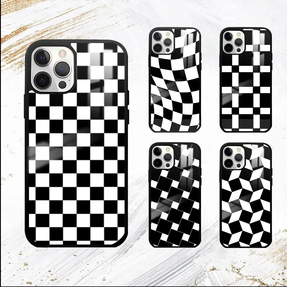 Beautiful cool black and white checkered Phone Case For iPhone 16 15 14 13 12 11 Pro Max Plus Mini PC Mirror Fashion phone case