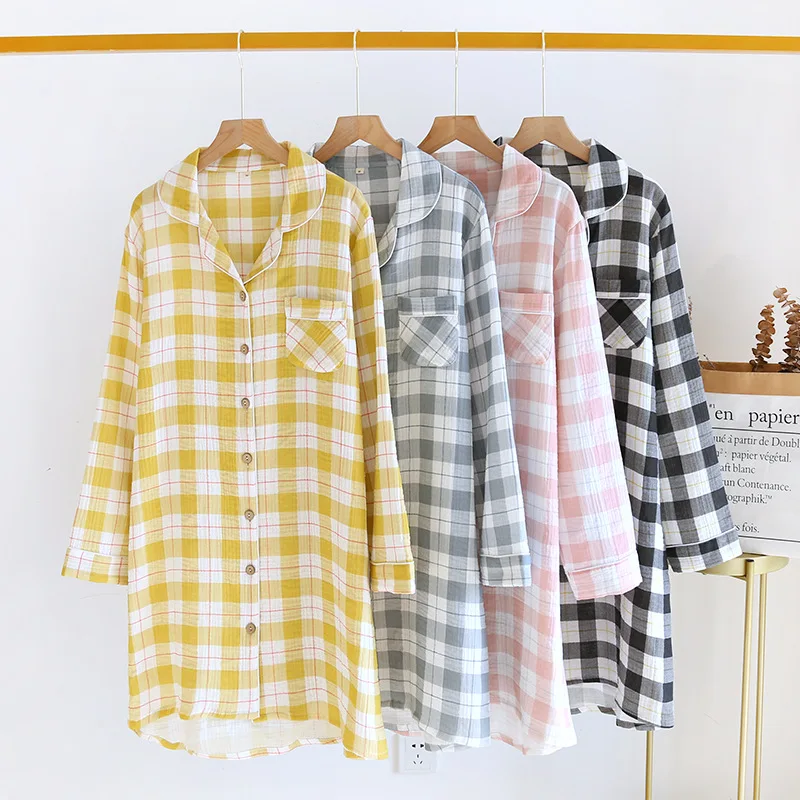 

Home Crepe Long Sleeve Plaid Nightdress Women's Cotton Nightdress Cardigan Loose Lapel Mid Length Bath Skirt Thin Section Shirts