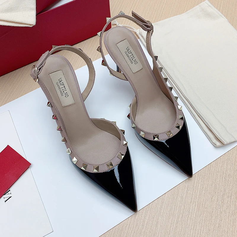 Summer New Women's Sandals High Heels Fashion Sexy Thin Heel Ankle Strap Baotou Sandals Metal Button Rivet Shoes Classics Pumps