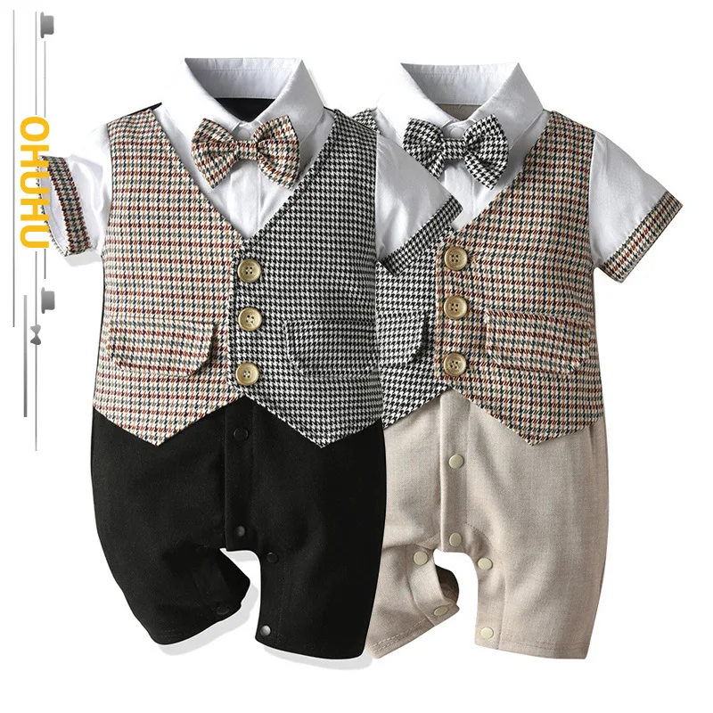 

2022 Summer New Plaid Children's Clothing Sets Short-sleeved Baby Boy Onesie Bowtie Shirt+Shorts+Vest 3PCS Suits 2266