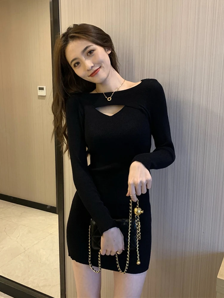 

korean party Sexy Dress Ladies Party Fashion grey Color Block Striped Sheath Knitted Dresses Womens Elegant Sweater mini Dress
