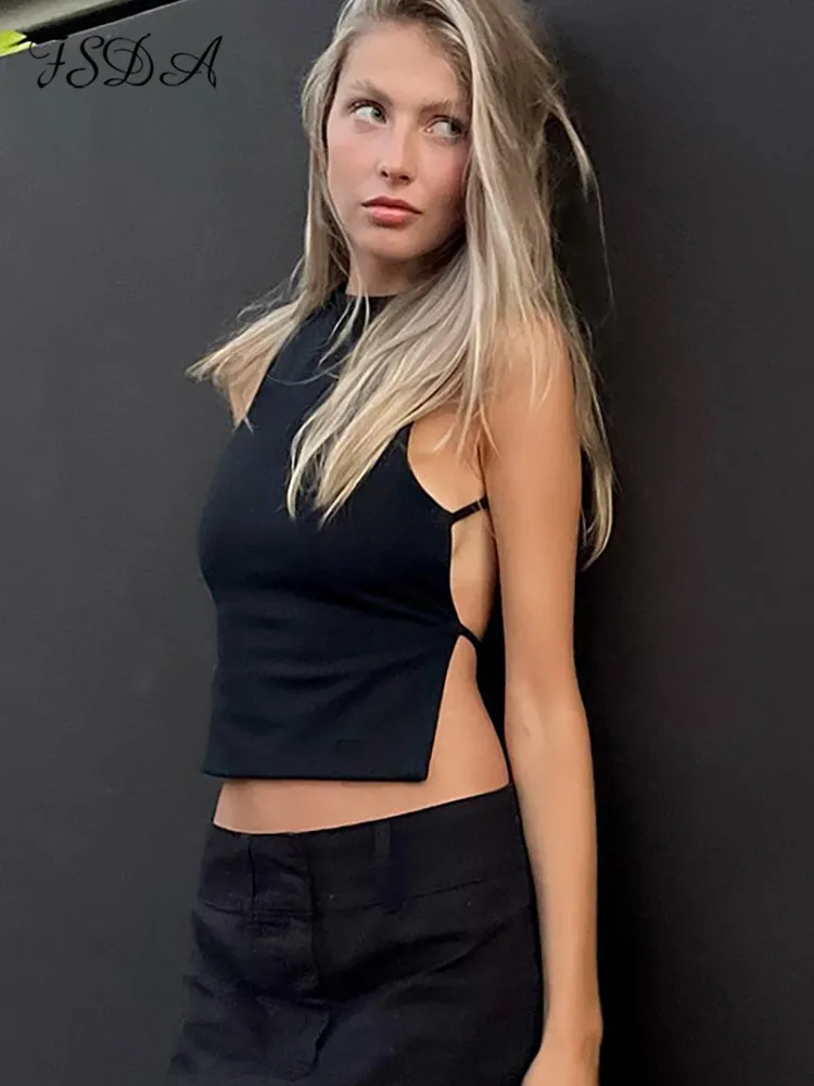 Женский укороченный топ с открытой спиной и круглым вырезом без рукавов |