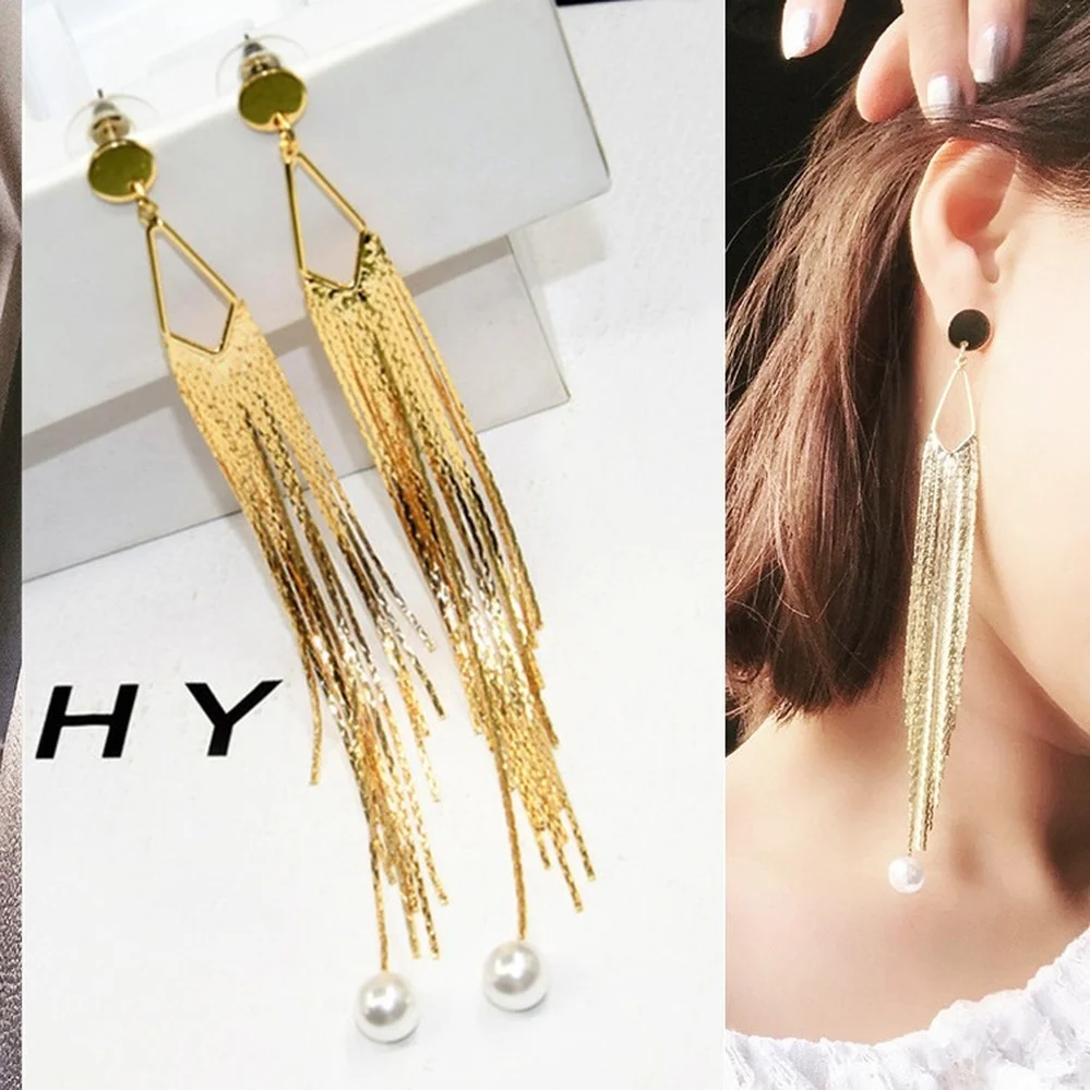 

Fashion Gold Silver Long Tassel Dangle Earrings Jewelry Vintage Metal Statement Fringe Ear-rings Charm Drop Big Earing for Women