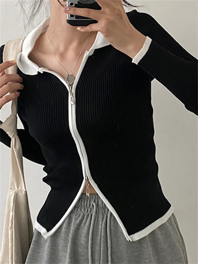 

CHRONSTYLE Contrast Color Patchwork Long Sleeve Slim Fit T-shirts Autumn Double Zipper Knitted Cardigans Vintage Cropped Tops