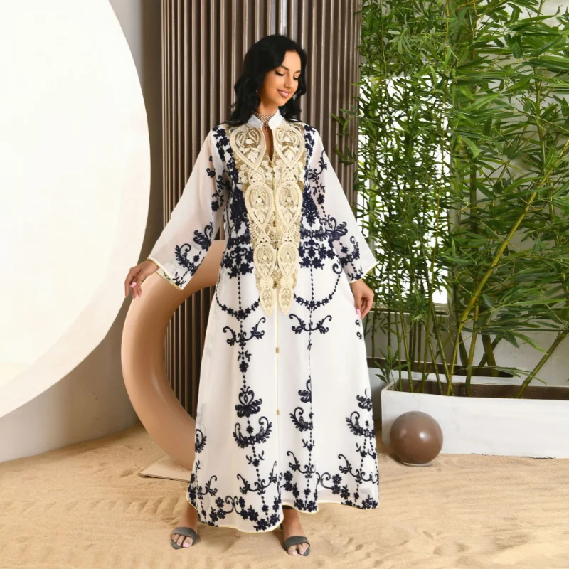 Middle East Womens Muslim Evening Dress Mesh Embroidered Decal Robe Elegante Femme Abaya Dubai Vestidos Largos Moroccan Kaftan