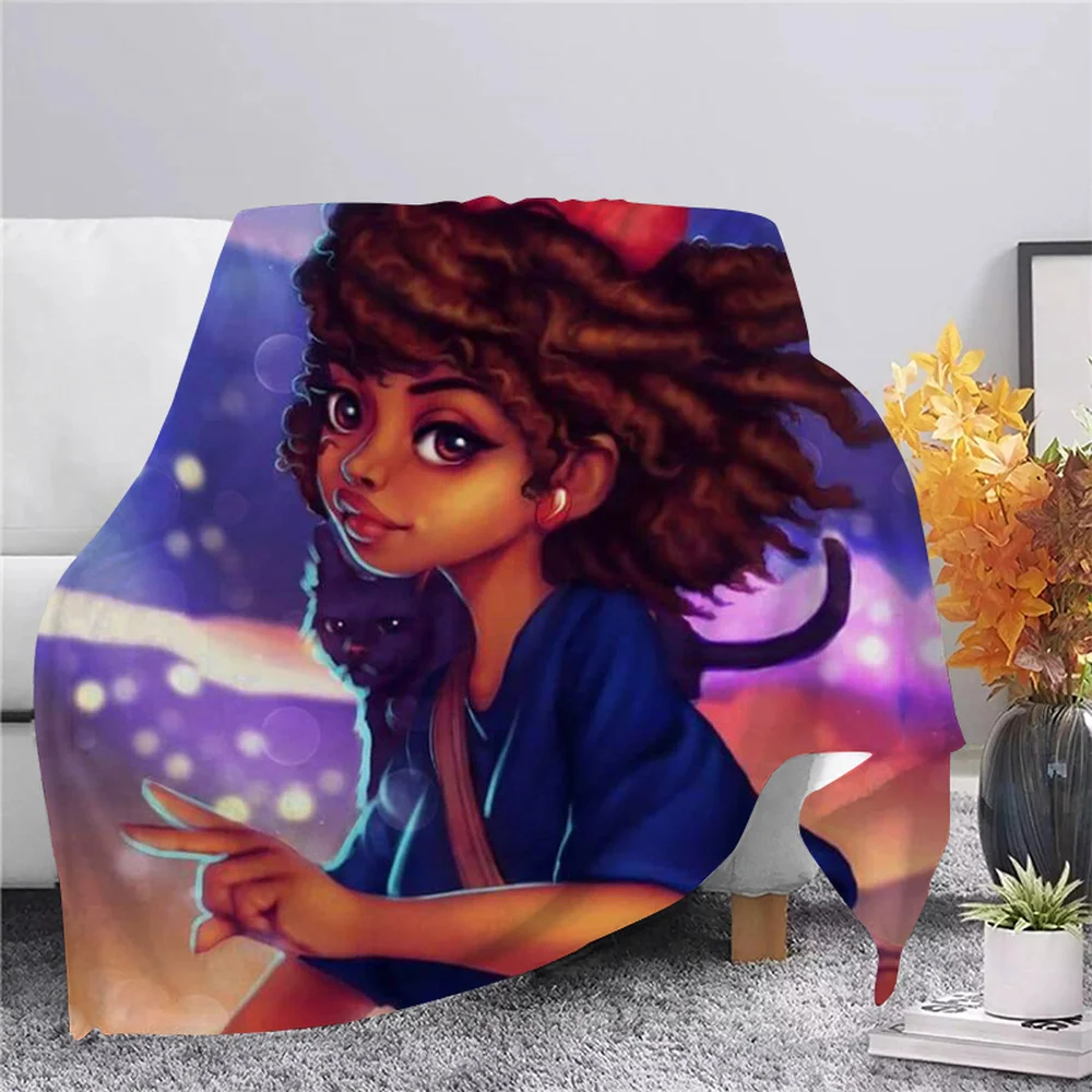 

Cartoon Cute Afro Girl Flannel Blanket 3D Print Dreamlike Style Blanket Adult Home Bedspread Sofa Bedding Hiking Picnic Quilts