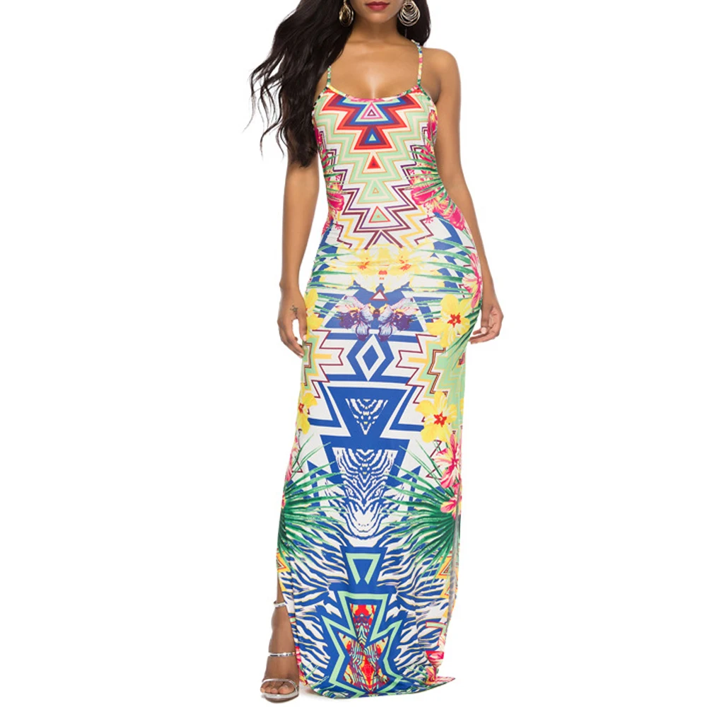 

MISSJOY Women Boho Palm Leaf Maxi Dress Sexy Backless Cross Summer Beach Halter Bandage Split Dresses Vestido Sin Espalda Playa