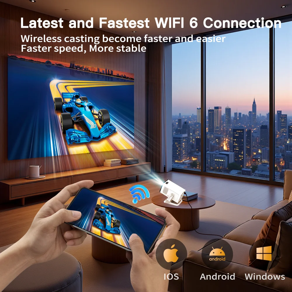 Портативный мини-проектор с Android TV и 4K, поддержка 1080P, WiFi 6 и Bluetooth 5.4, короткофокусный Beamer для домашнего кинотеатра и просмотра на улице (art.: 3920d8a113d90) - 3920d8a113d90