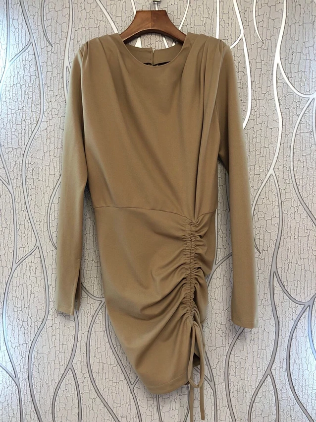 

2022 new women fashion long sleeved round neck shoulder pad side drawstring slim feminine elegant dress 1209