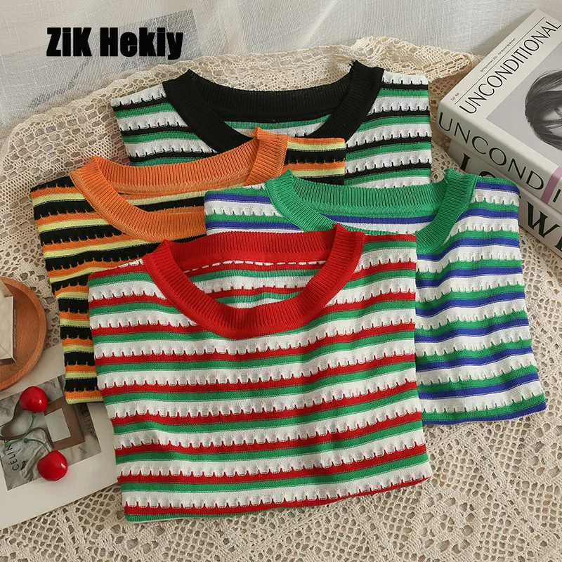 

Женская Полосатая короткая футболка Zik Hekiy, тонкие трикотажные топы для лета, 2022