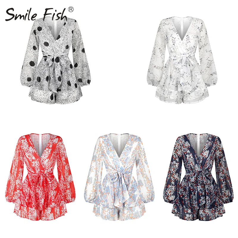 Женский пляжный комбинезон с цветочным принтом свободный глубоким V-образным