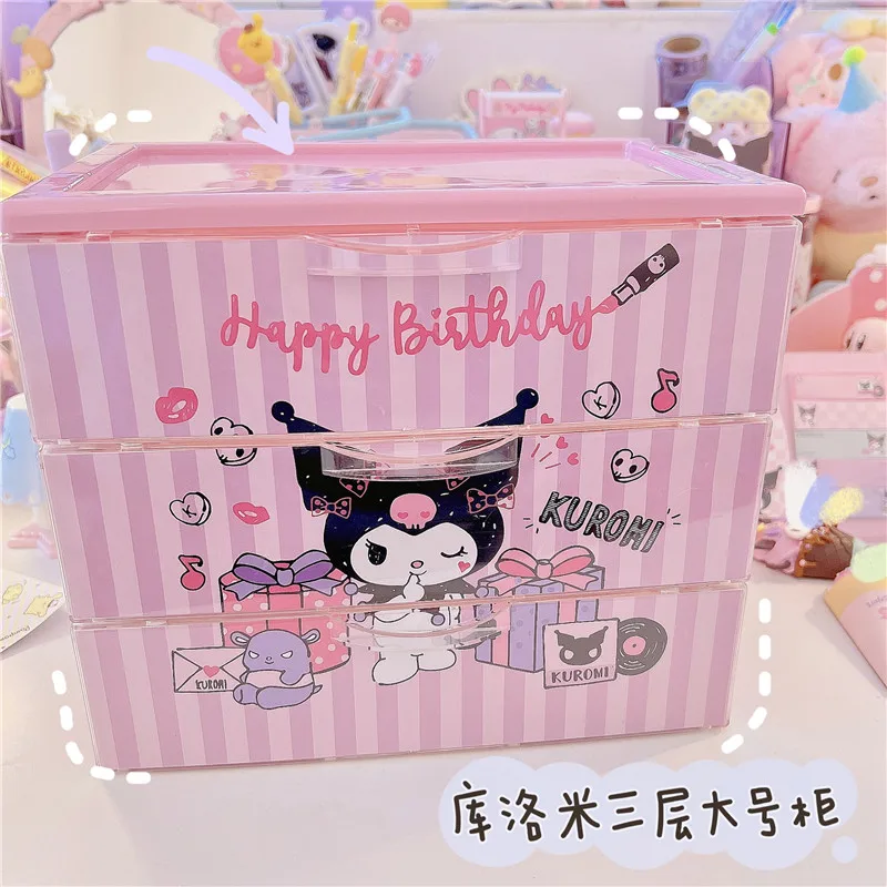 

Kawaii Sanrioed Kuromi Cute Cartoon Large Three-Tier Desktop Drawer Cabinet Organize Office Data Drawer Box Girl Heart Gift
