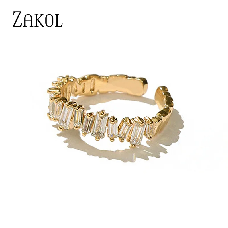 

ZAKOL Korean Zircon Gold Color Double Student Open Rings for Women Rectangle Index Finger Ring Wedding Party Girl Sexy Jewelry