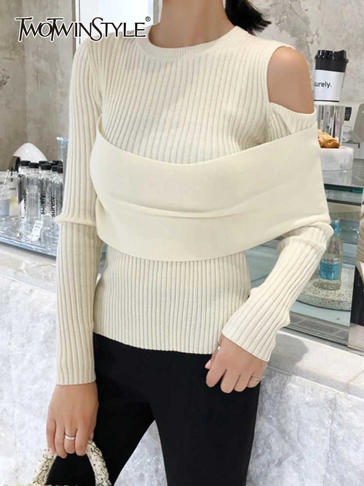 

Женский вязаный пуловер TWOTWINSTYLE, Однотонный свитер из двух частей с круглым вырезом и длинным рукавом