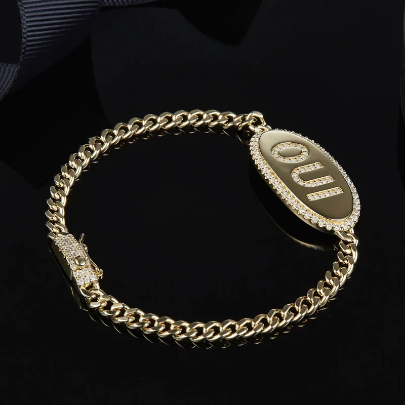 

Fashion 925 Sterling Silver Yellow Gold Color Letter OUI Chain Bracelet Micro Cubic Zirconia Stones Women Fine Jewelry