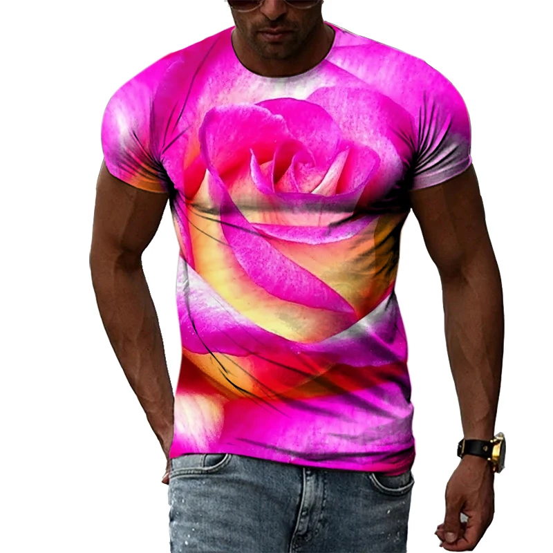 

Летняя мужская футболка с креативным рисунком роз, модная повседневная индивидуальная футболка с 3D рисунком природного пейзажа, короткая ф...