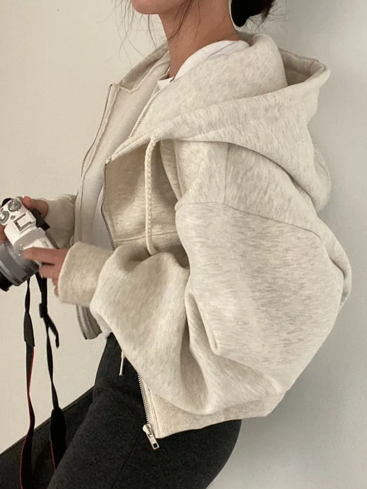 

Harajuku Zip Up Hoodie Women Autumn Winter Solid Color Oversized Short Coats Korean Style Pockets Drawstring Hooded Sweatshirts