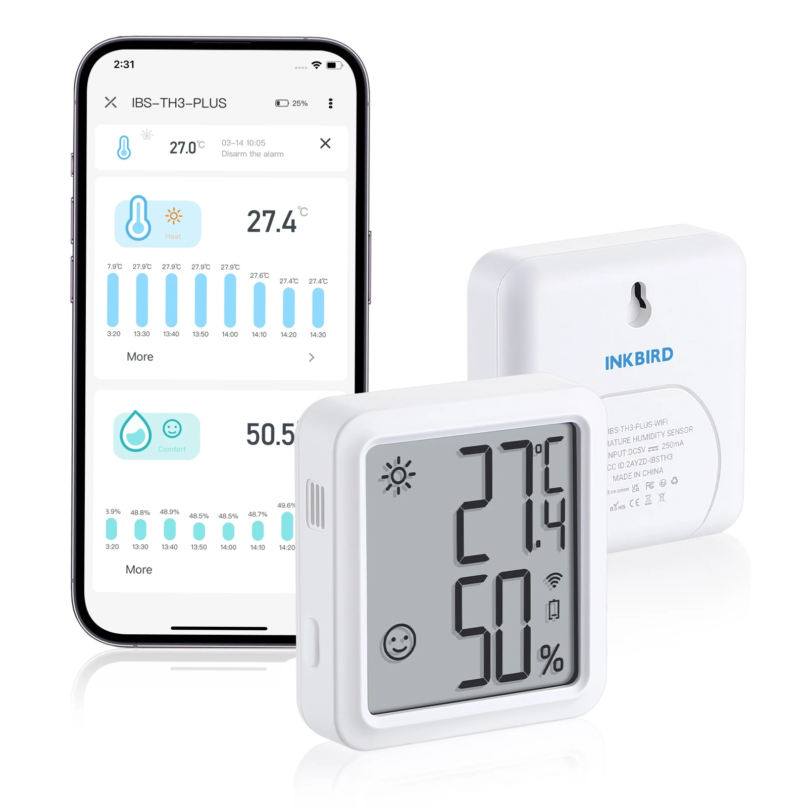 Фото INKBIRD IBS-TH3 Wi-Fi/Plus Датчик температуры и влажности Комнатный термометр и гигрометр Датчик 2-в-1 с сигнализацией для холодильника №1