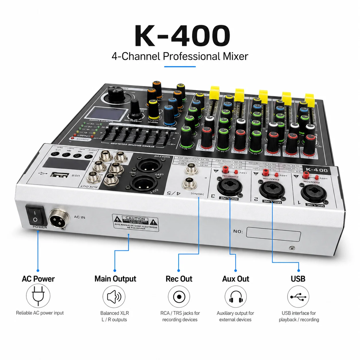 Фото Аудиомикшер K-400 с 99 DSP-эффектами, USB-воспроизведением, 7-полосным эквалайзером, 3 микрофонными входами, компактный микшерный пульт для караоке и живых выступлений №4
