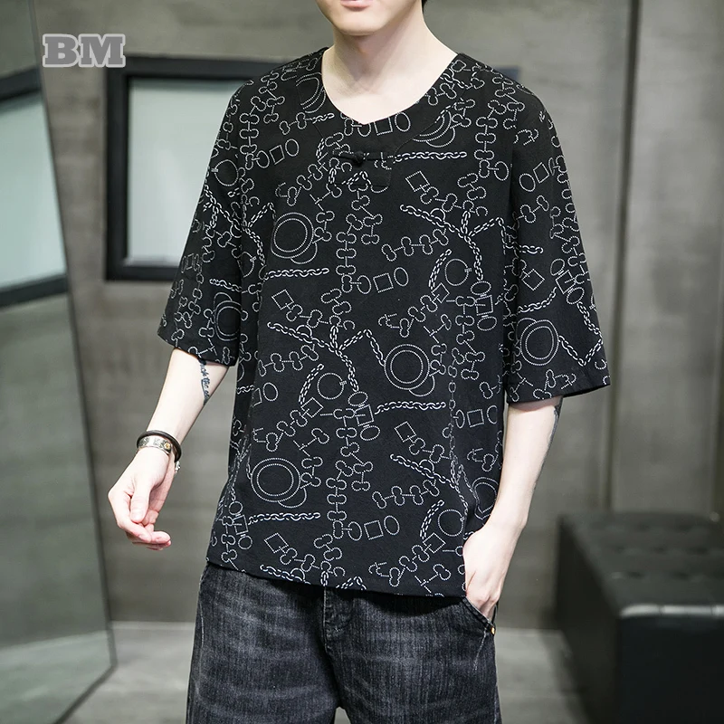 

2022 Summer Chinese Men'S Clothing Plus Size Round Neck Flower T-Shirts Cotton Linen Short Sleeves Ethnic Style Tops Male