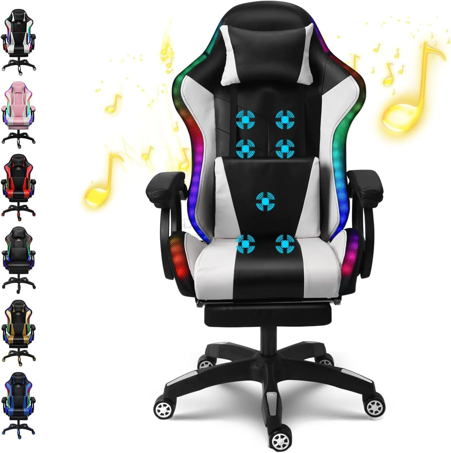 Фото Игровое кресло с динамиками и светодиодной подсветкой RGB. Эргономичное компьютерное игровое кресло с подставкой для ног. Кресло для музыкальных видеоигр. №3