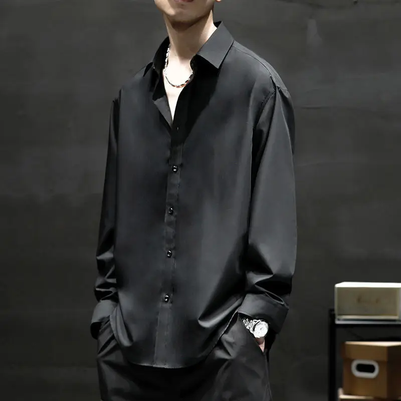 Autumn Winter New Casual Loose All Match Simple Shirts Man Solid Single Breasted Drape Blouse Male Long Sleeve Chic Streetwear