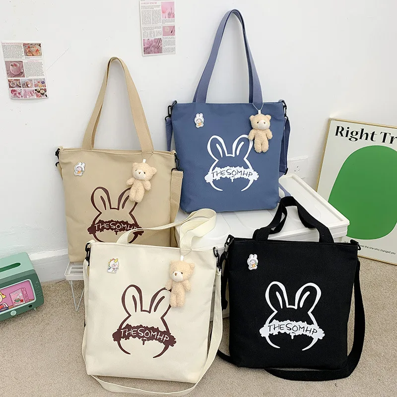 New Simple Canvas Shoulder Bag for Women's Cute Children's Tutoring Class Makeup Bag for Students Tote Bag