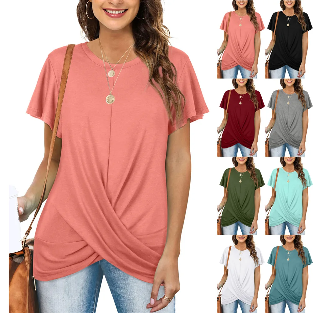 

2023 Women's Round Spring Summer Collar Solid Twist Short Sleeve T-Shirt