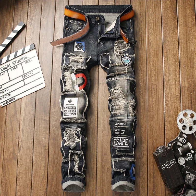

New High Quality Men Trousers Retro Ripped Patch Denim Pants Small Straight Leg Stretch Jeans