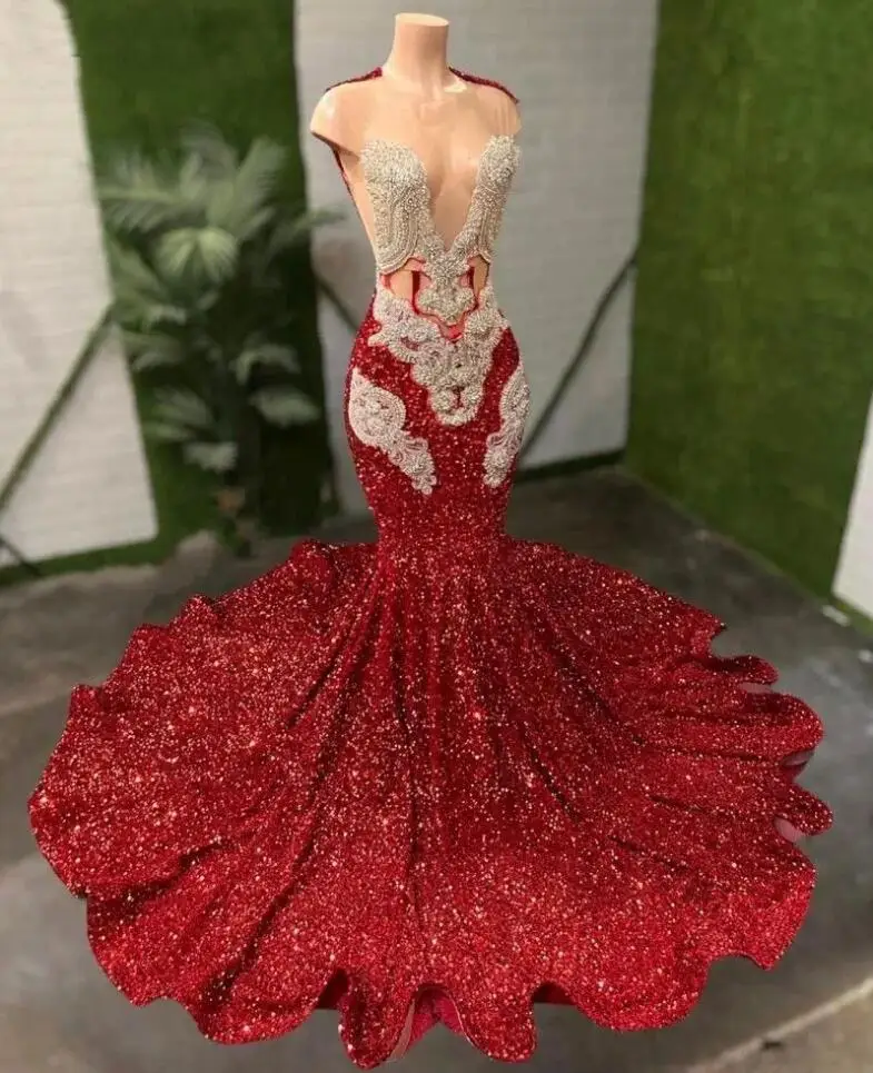 

Sparkly Mermaid Evening Dresses 2023 Gillter Dark Red Beaded Sequins Velvet African Aso Ebi Prom Gown robe ceremoni femme