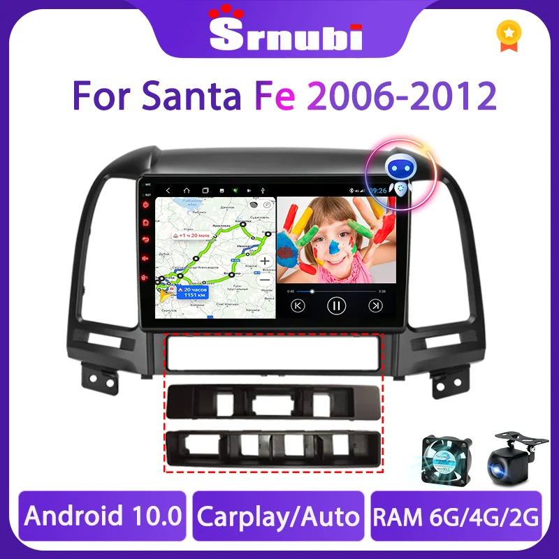 

Автомобильный радиоприемник Srnubi Android 10 Carplay для Hyundai Santa Fe 2006 - 2012 2Din мультимедийный видеоплеер GPS навигация Стерео DVD