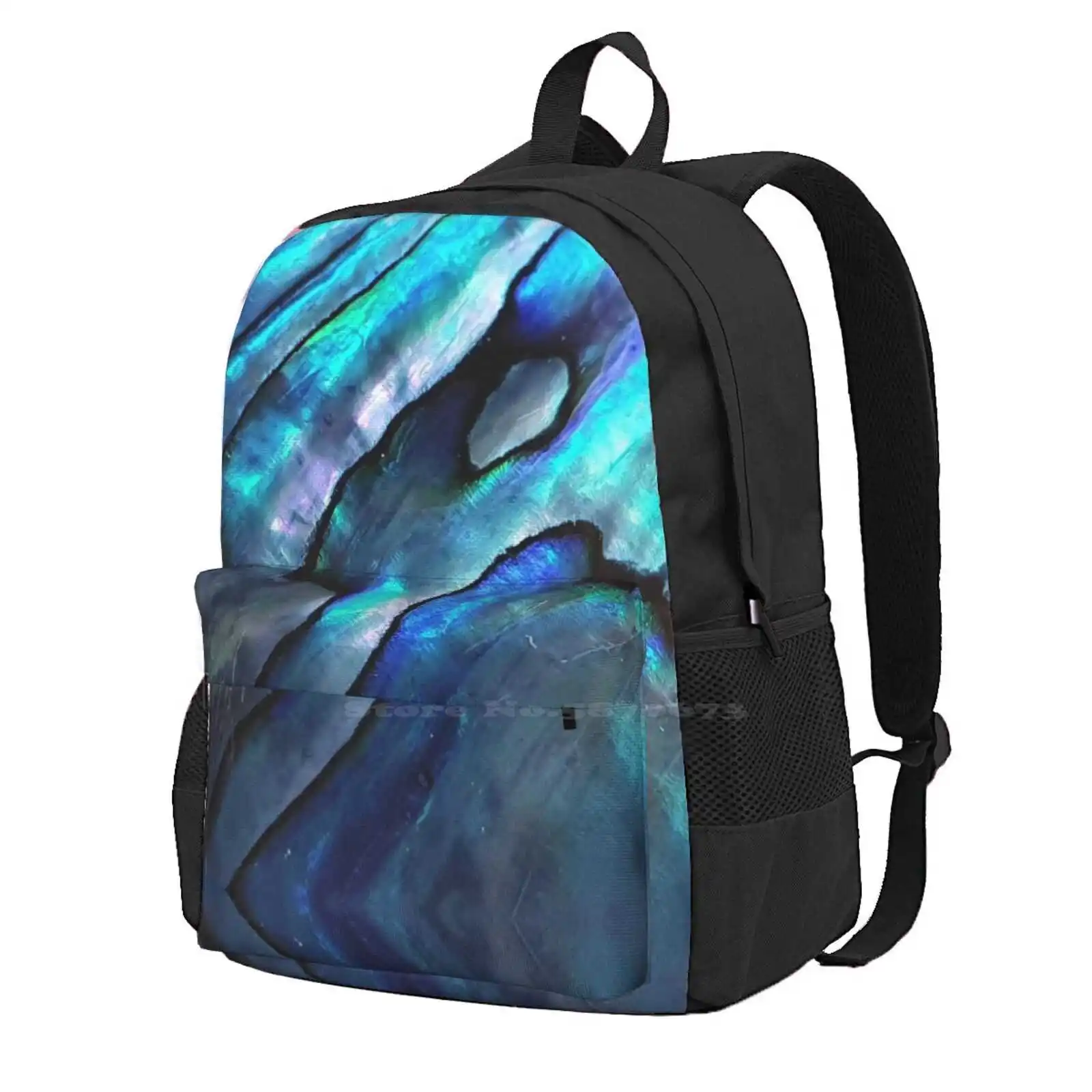 

Iridescent Blue Abalone Shell. Flashy Blue Close Up Photography 3D Print Design Backpack Student Bag Blue Shell Abalone