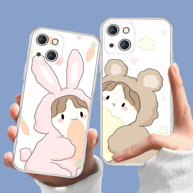 

Couple anime cartoon Phone Case For iPhone 13 11Pro Max 12 Mini X XR XS 7 8Plus SE 2020 6s Rabbit and Bear Shockproof Soft Cover