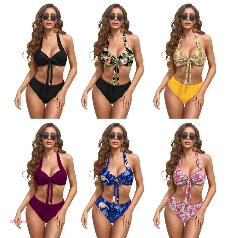 

Womens High Waist V-Neck Twists Front Beachwear Bikinis Split Spaghetti Printed Swimsuit Ruffled Bikinis Swimming Suits