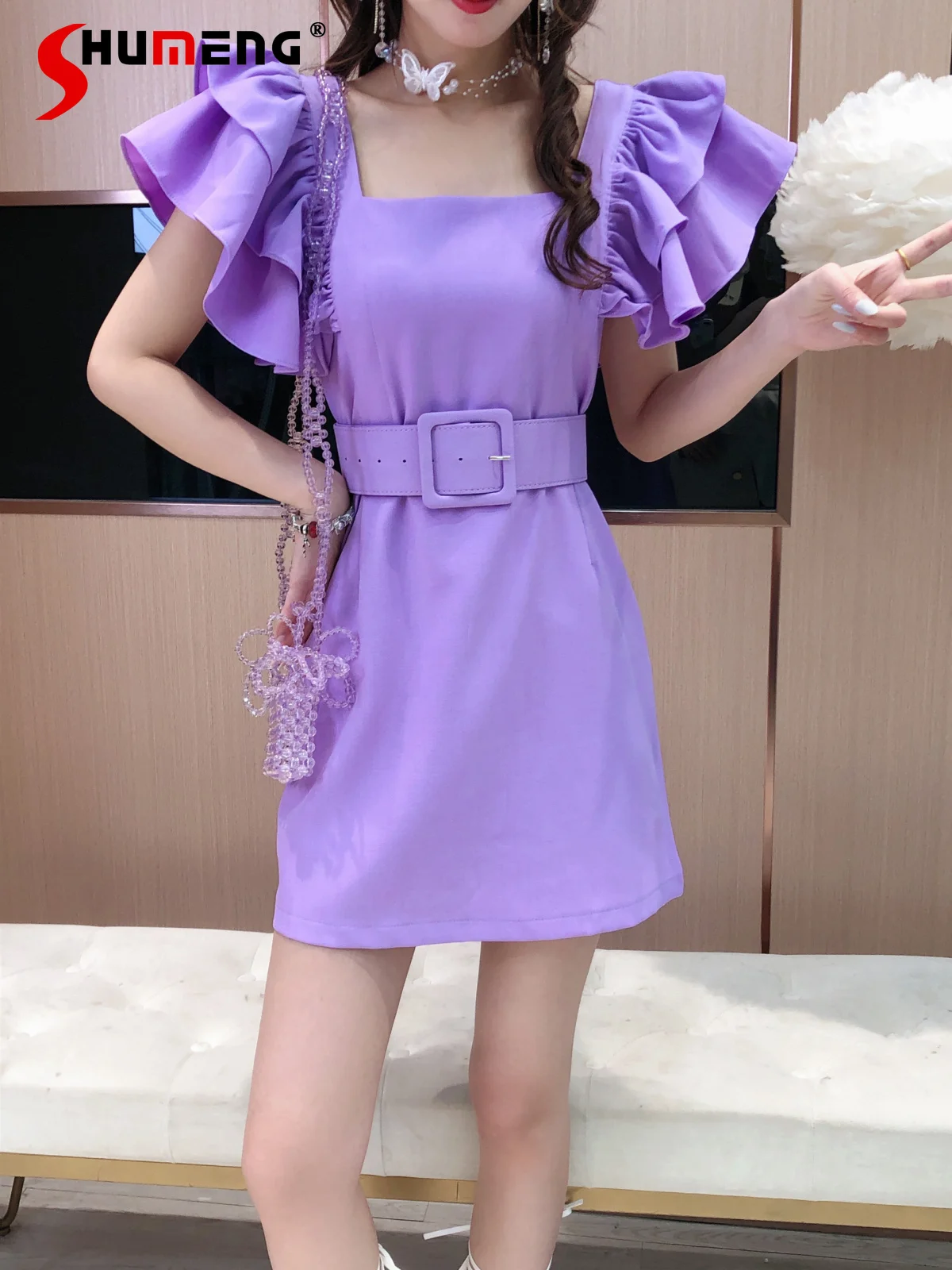 

2022 Summer New Stylish Purple Dress Woman Temperament Square Collar Ruffles Sleeve Slim Waist A- Line Short Dress for Women