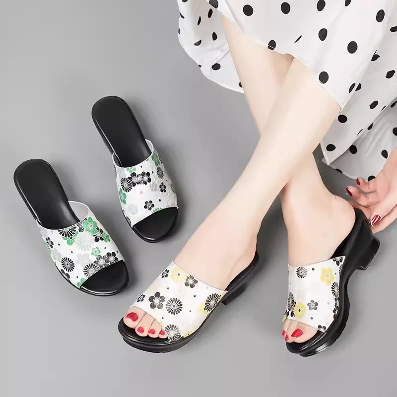 Шлепанцы женские летние с открытым носком натуральная кожа высокий каблук