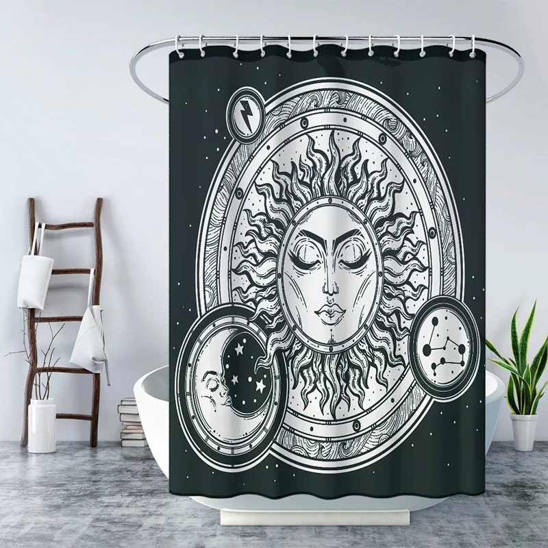 

Vintage Boho Sun Moon Shower Curtain Black White Chic Mystic Universe Starry Sky Polyester Waterproof Home Bathroom Decor Sets