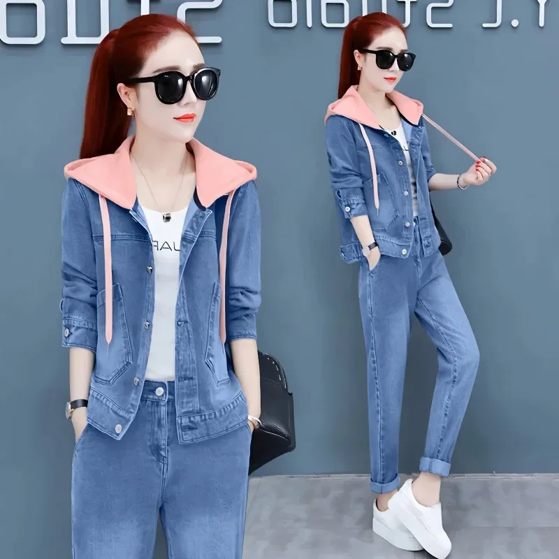 

Single/Set Denim Two-piece Sets Female 2023 Spring and Summer New Western fFashion Slim Casual Hooded Jacket Suit Female